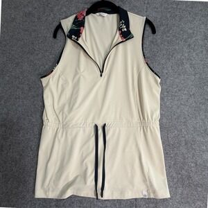 Lady Hagen Womens Golf Vest Cream Floral Collar Drawstring Waist 1/4 Zip Sport
